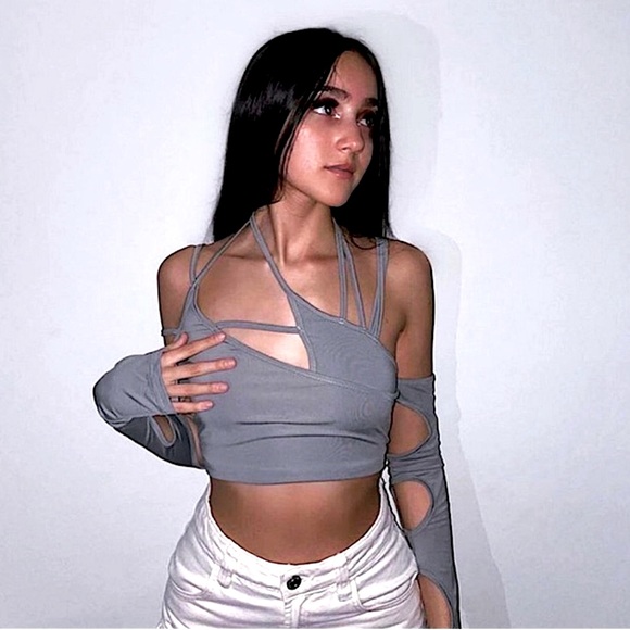 Grey cut out strappy long sleeve crop top - Picture 1 of 15